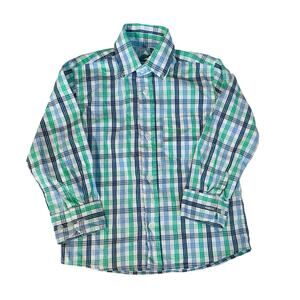Bella Bliss Boys Button Down Shirt Size 4 Blue Green Plaid Cotton Long Sleeve
